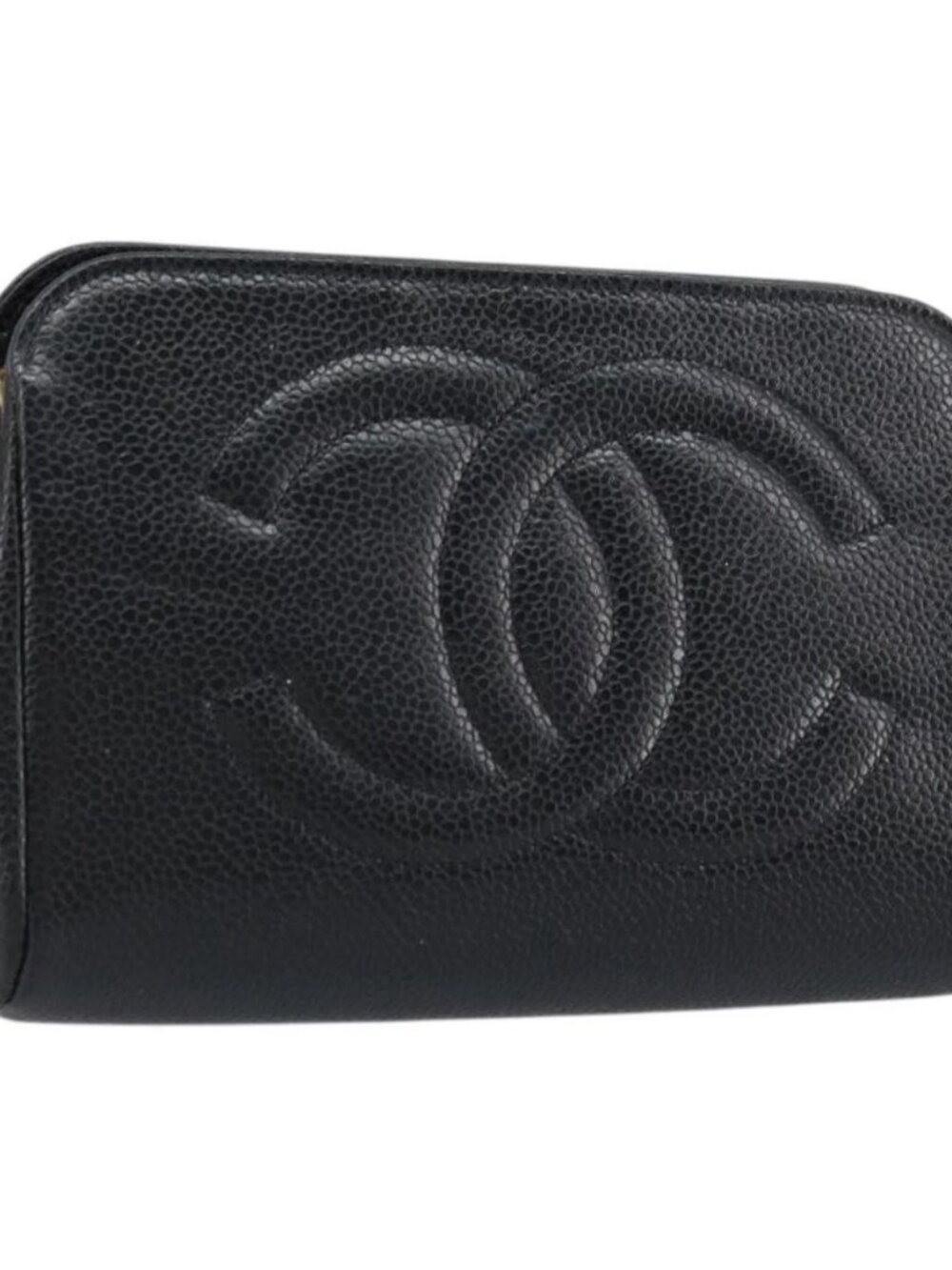 CHANEL Pouch Grained Calf Skin Black Gold CC Auth bs33477